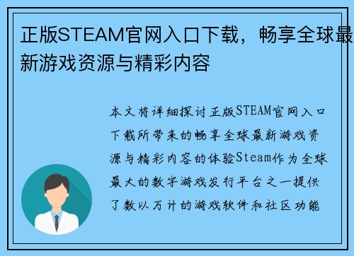 正版STEAM官网入口下载，畅享全球最新游戏资源与精彩内容